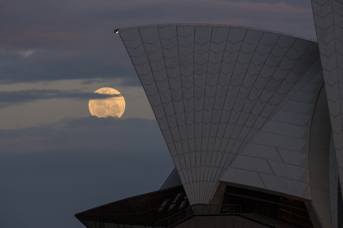 SYDNEY, AUSTRALIA - NOVEMBER 14: The moon rises behind the Opera House on November 14, 2016 in Sydney, Australia. A super moon occurs when a full moon passes closes to earth than usual, with the November 14th moon expected to be closer than it has been in over 70 years. (Photo by James D. Morgan/Getty Images)