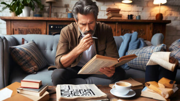 a man doing crossword puzzle