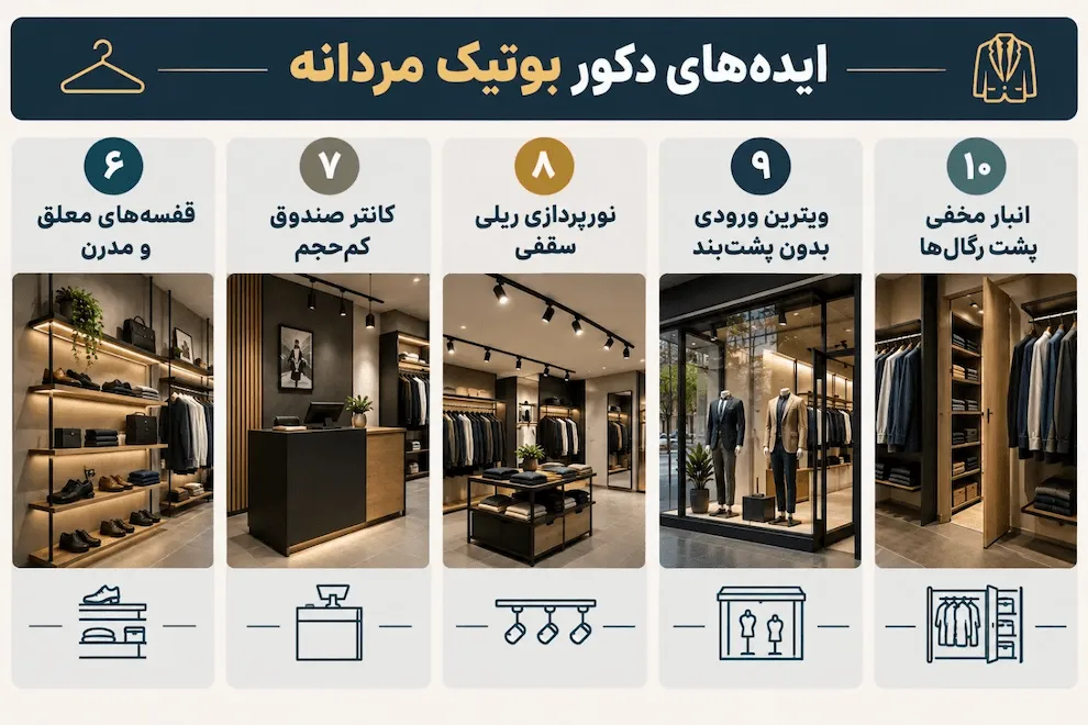 دکوراسیون بوتیک مردانه کوچک و کم‌جا